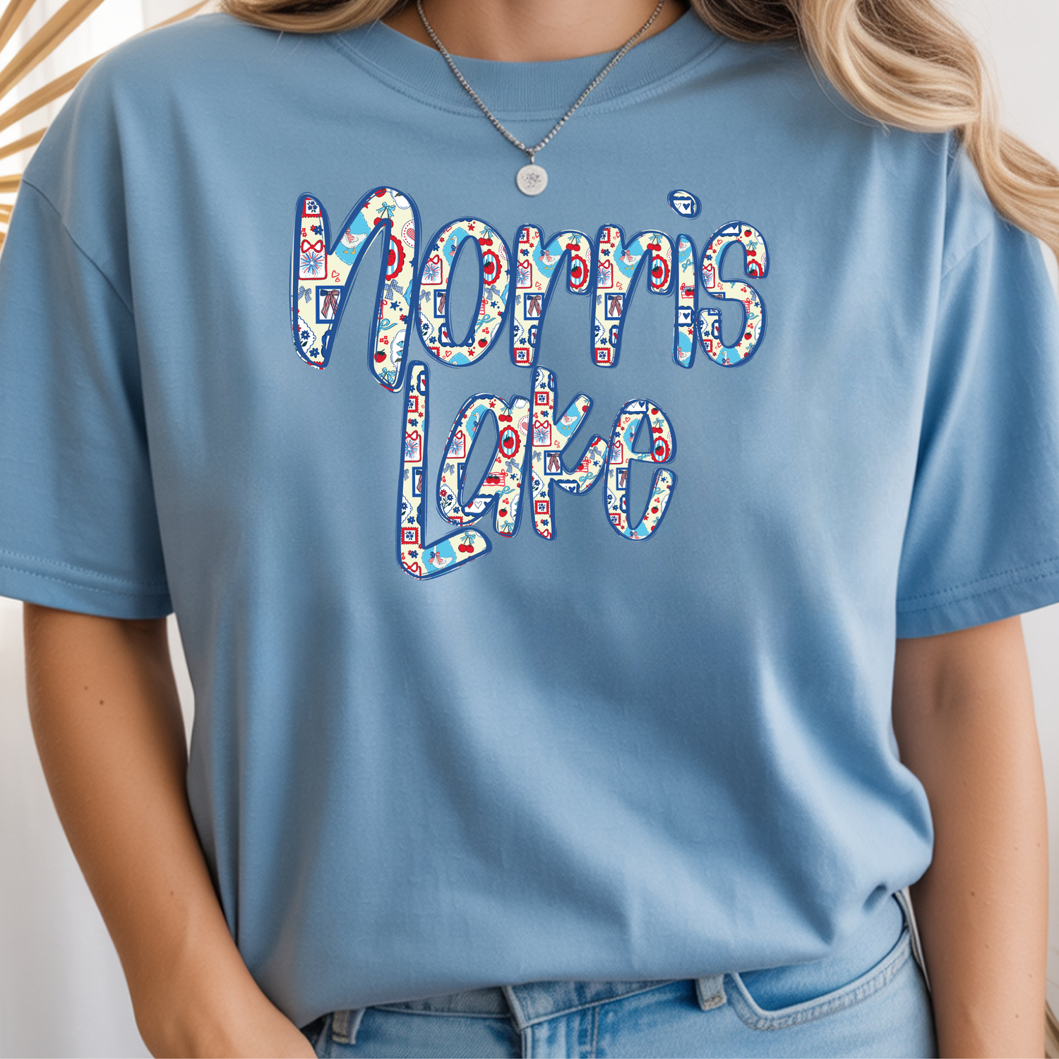 Norris Lake USA pattern design on blue shirt