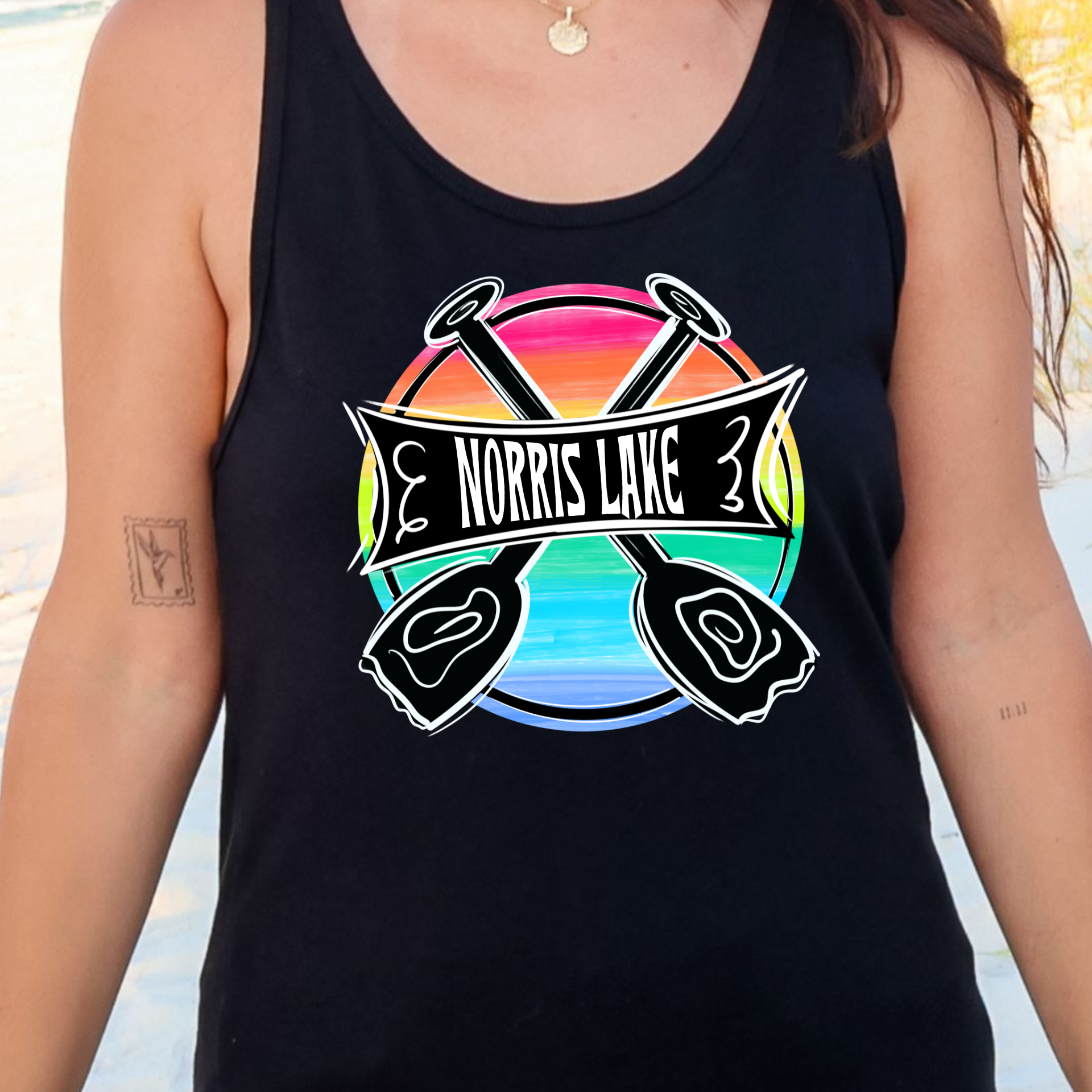 Black tank top with 'Norris Lake' graphic design featuring oars and a rainbow circle.