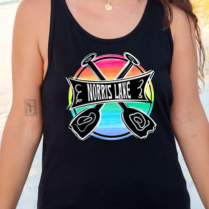 Black tank top with 'Norris Lake' graphic design featuring oars and a rainbow circle.
