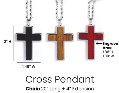 Three cross pendants on silver chains shown on a white background with measurement labels and text describing chain length and engraving capabilities.