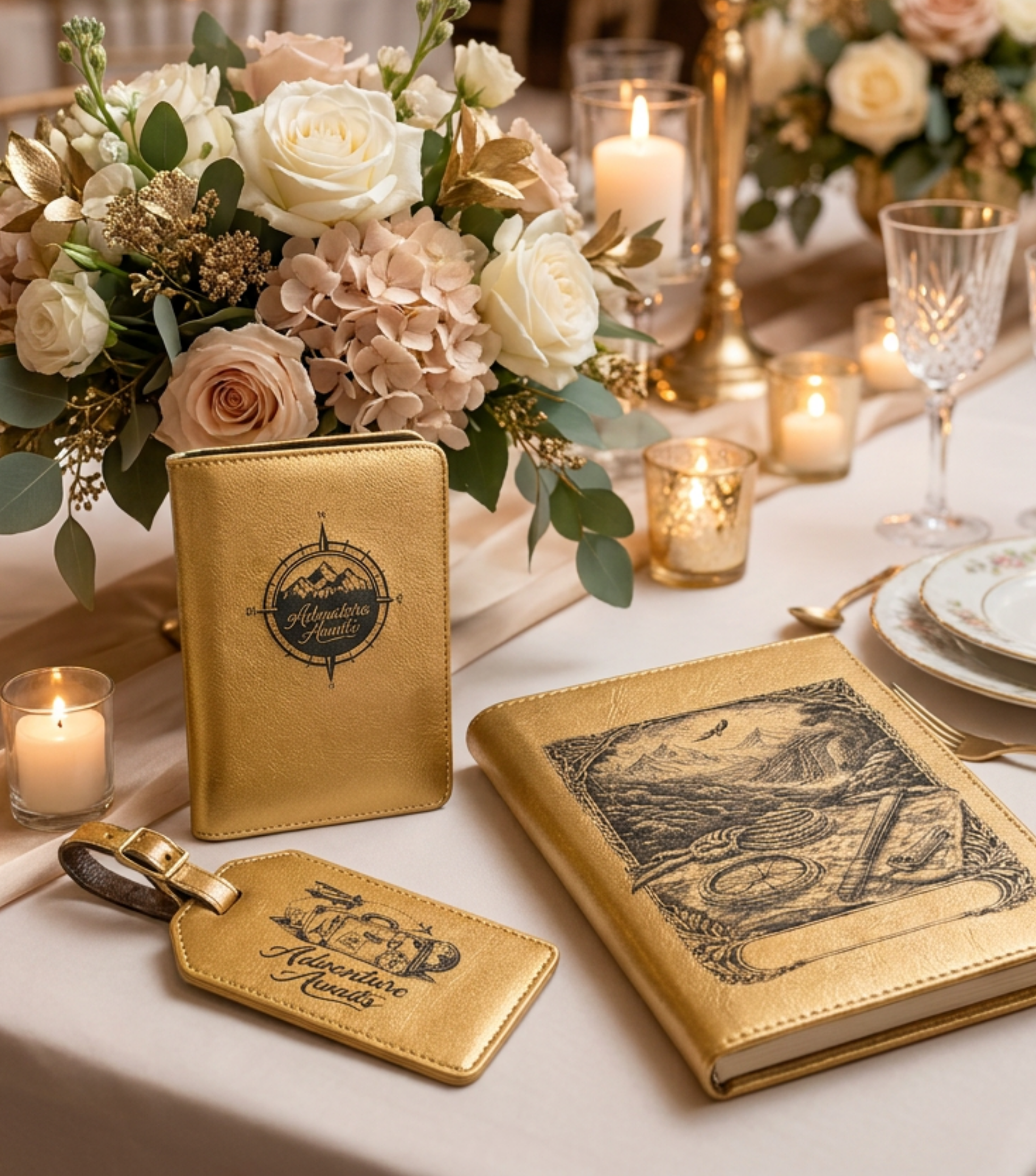 Engraved wedding souvenirs on an elegant table setting 