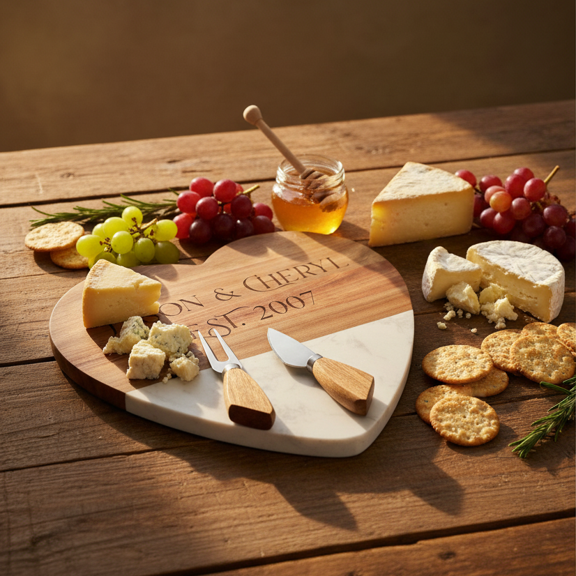 Heart charcuterie board styled with cheese, grapes and crackers on a rustic wooden table