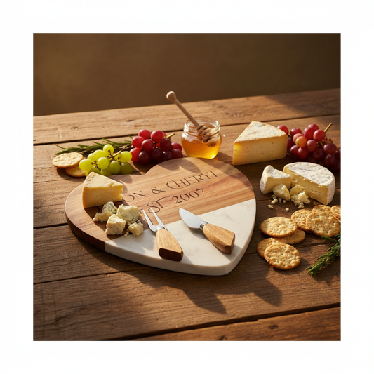 Heart charcuterie board styled with cheese, grapes and crackers on a rustic wooden table