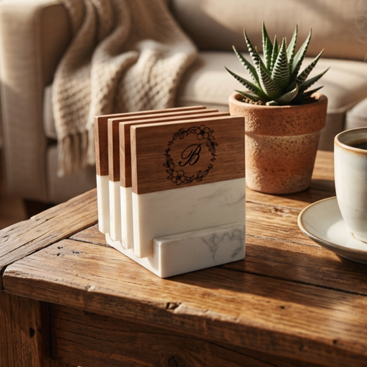 Marble & Wood Coaster Set with Base