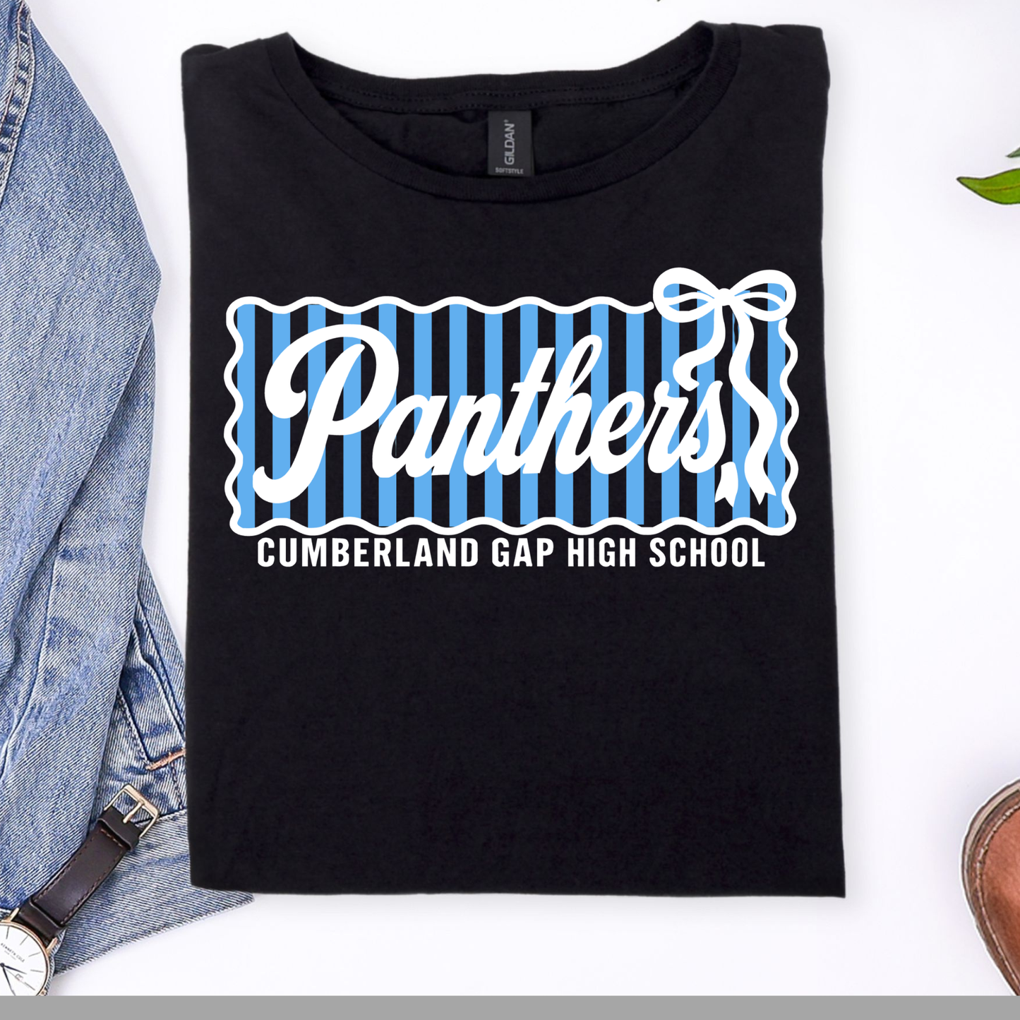 CGHS Panthers Comp|Black Gildan Softstyle Tee| Blue & White Print