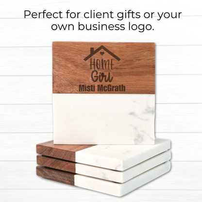 Marble & Wood Coaster Set with Base